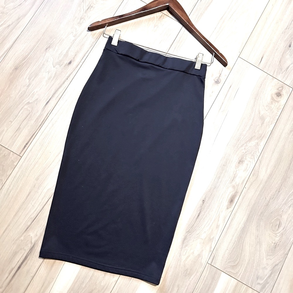Black Curve Hugging Midi Bodycon Skirt! Black Stretchy fabric & Thick Waistband
